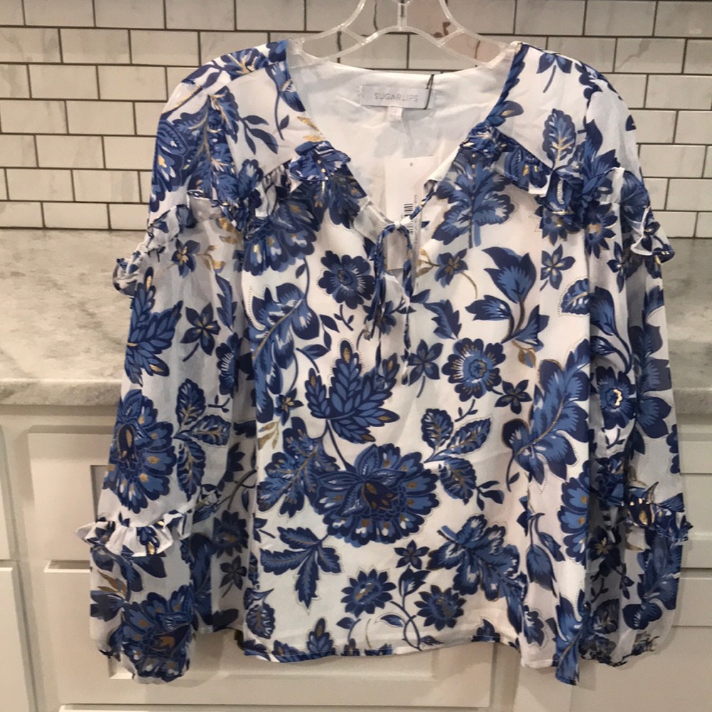 New Sugarlips Top Womens Small Blue‎ Floral Karina Bohemian Blouse Ruffled Shirt